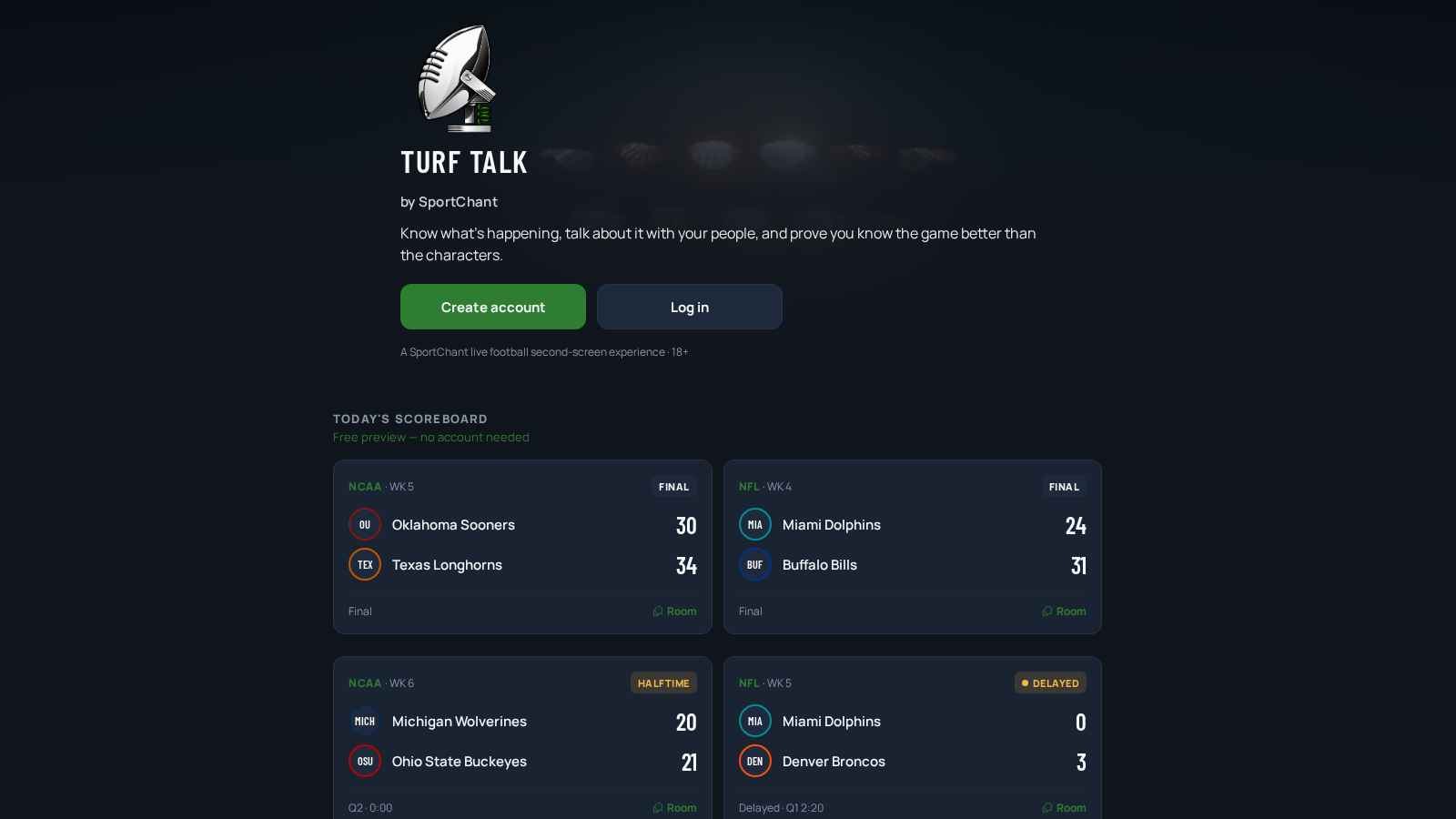 Turf Talk landing — SportChant live football second-screen experience with today's scoreboard