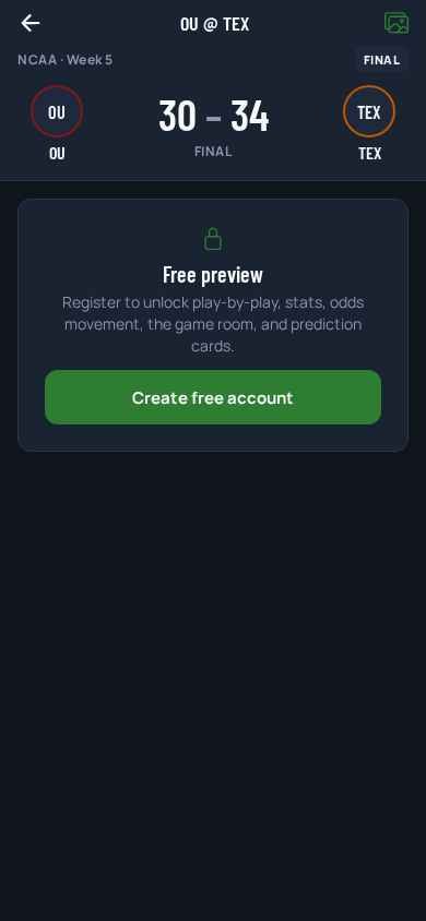 Turf Talk phone app — matchup view for Oklahoma at Texas with room, stats and prediction-card entry
