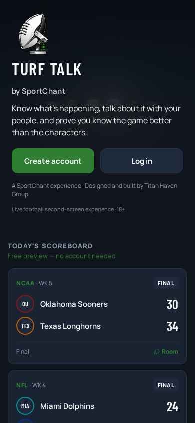 Turf Talk phone app — opening screen with the day's game slate, free scoreboard preview