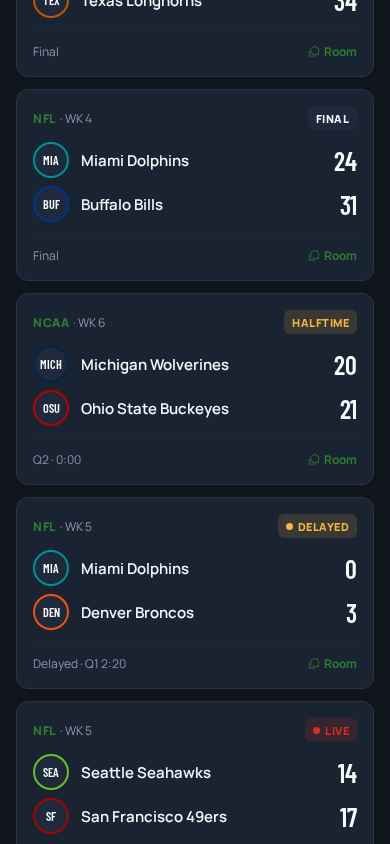 Turf Talk phone app — game slate showing final, halftime, delayed and live states, each with a room